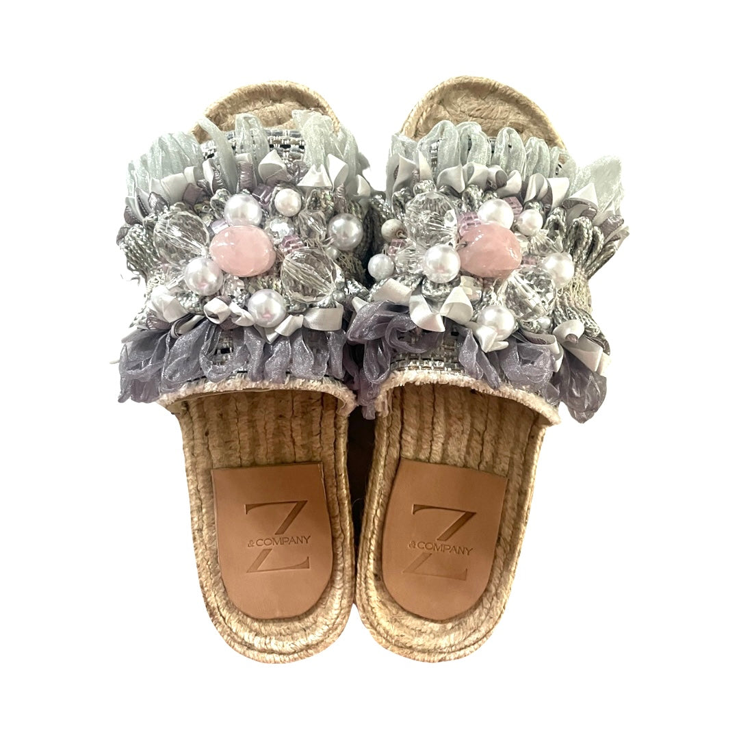 Hand crafted espadrilles - one of a kind. Size 38.  Designed using beautiful textured fabric and imported lace trim with leather lining, hand beaded rose quartz beads, crystals and faux pearls.