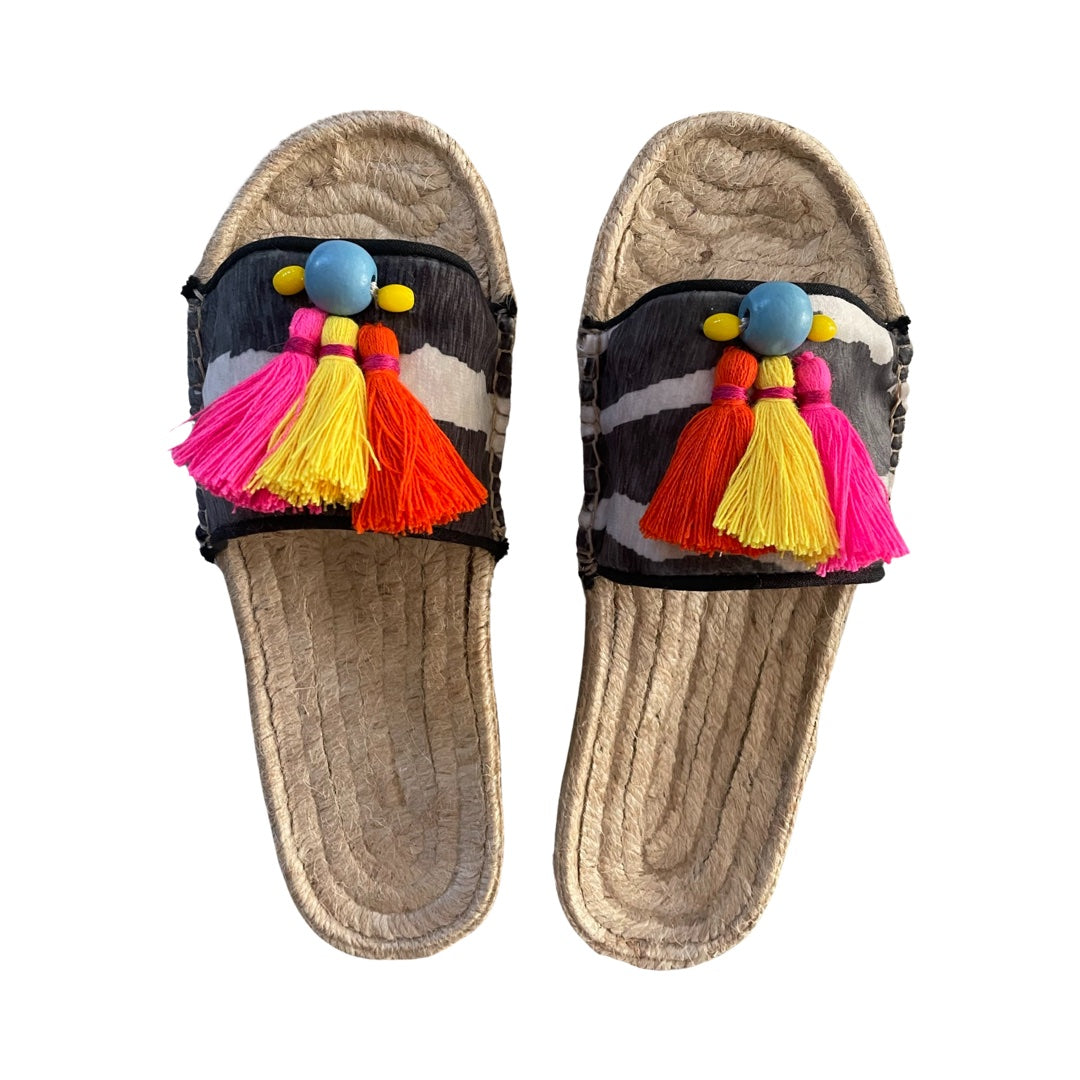 SANDALS - ZEBRA VELVET WITH THREE TASSELS AND BEADS