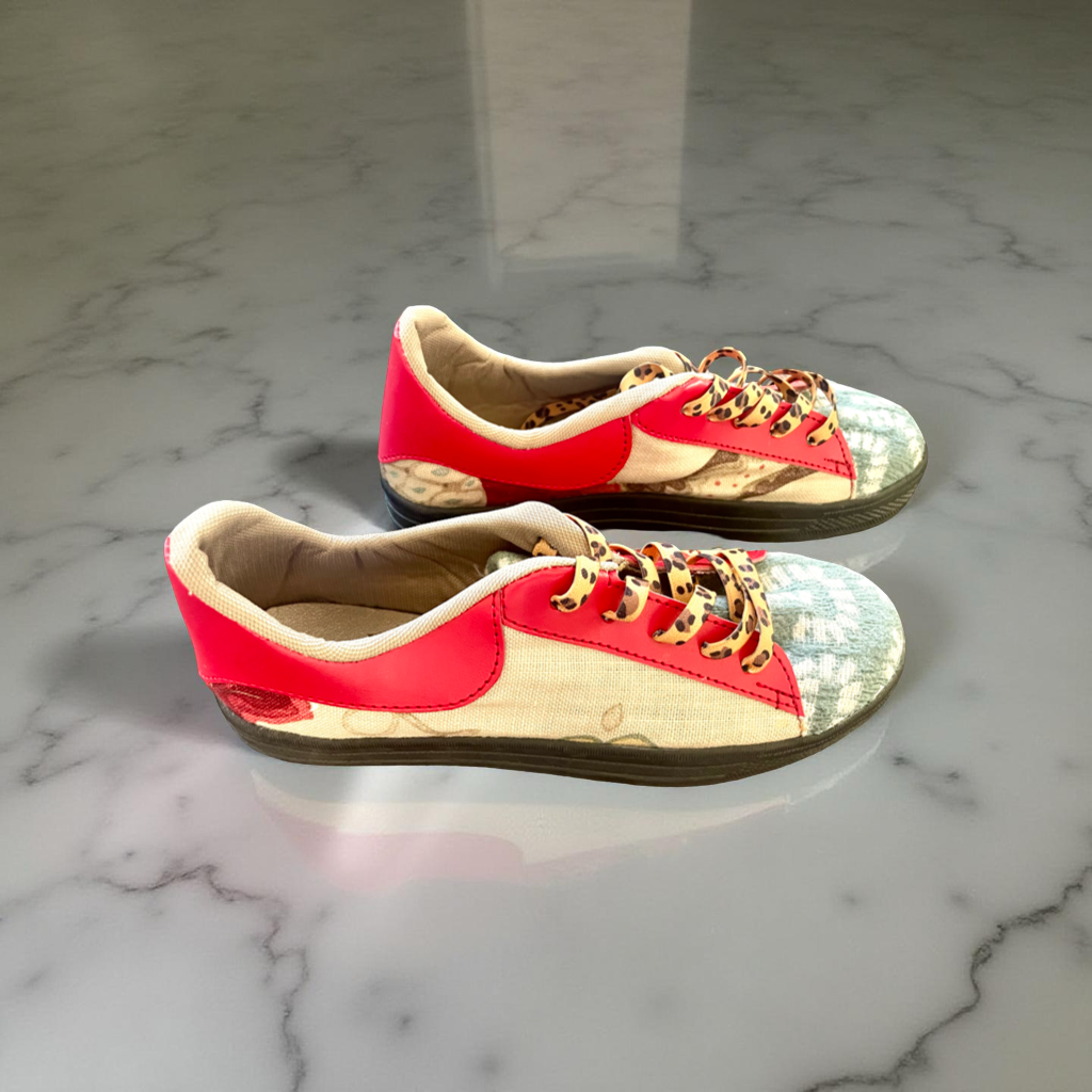 SNEAKERS -  RED LEATHER WITH TEAL AND FLORAL FABRIC- SIZE 38