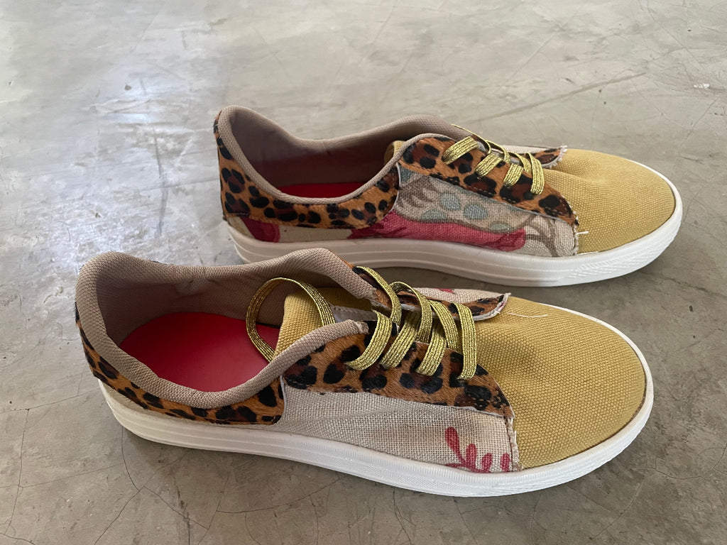 SNEAKERS - MUSTARD CANVAS AND LEOPARD PRINT LEATHER - SIZE 37
