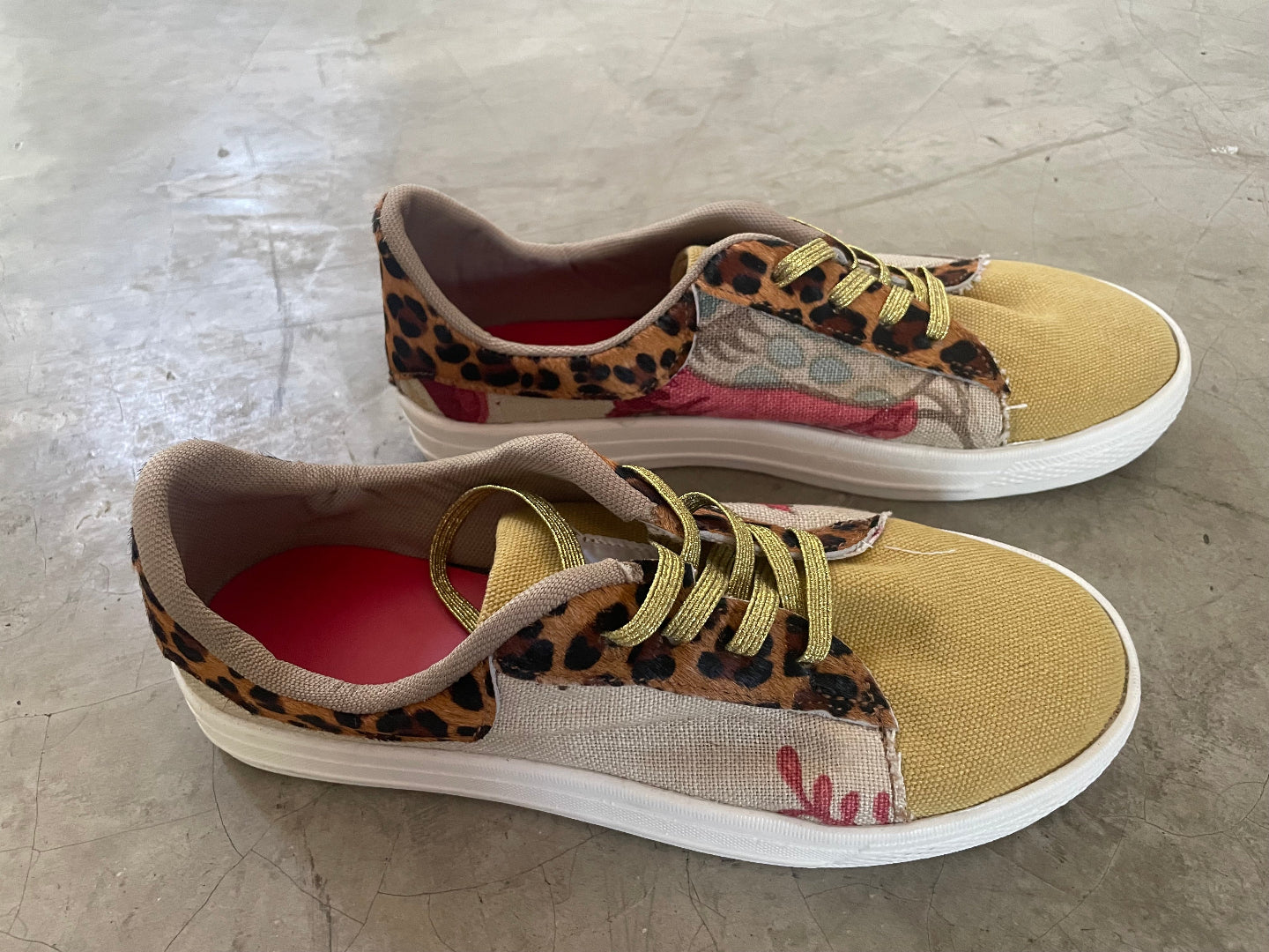 SNEAKERS - MUSTARD CANVAS AND LEOPARD PRINT LEATHER - SIZE 37