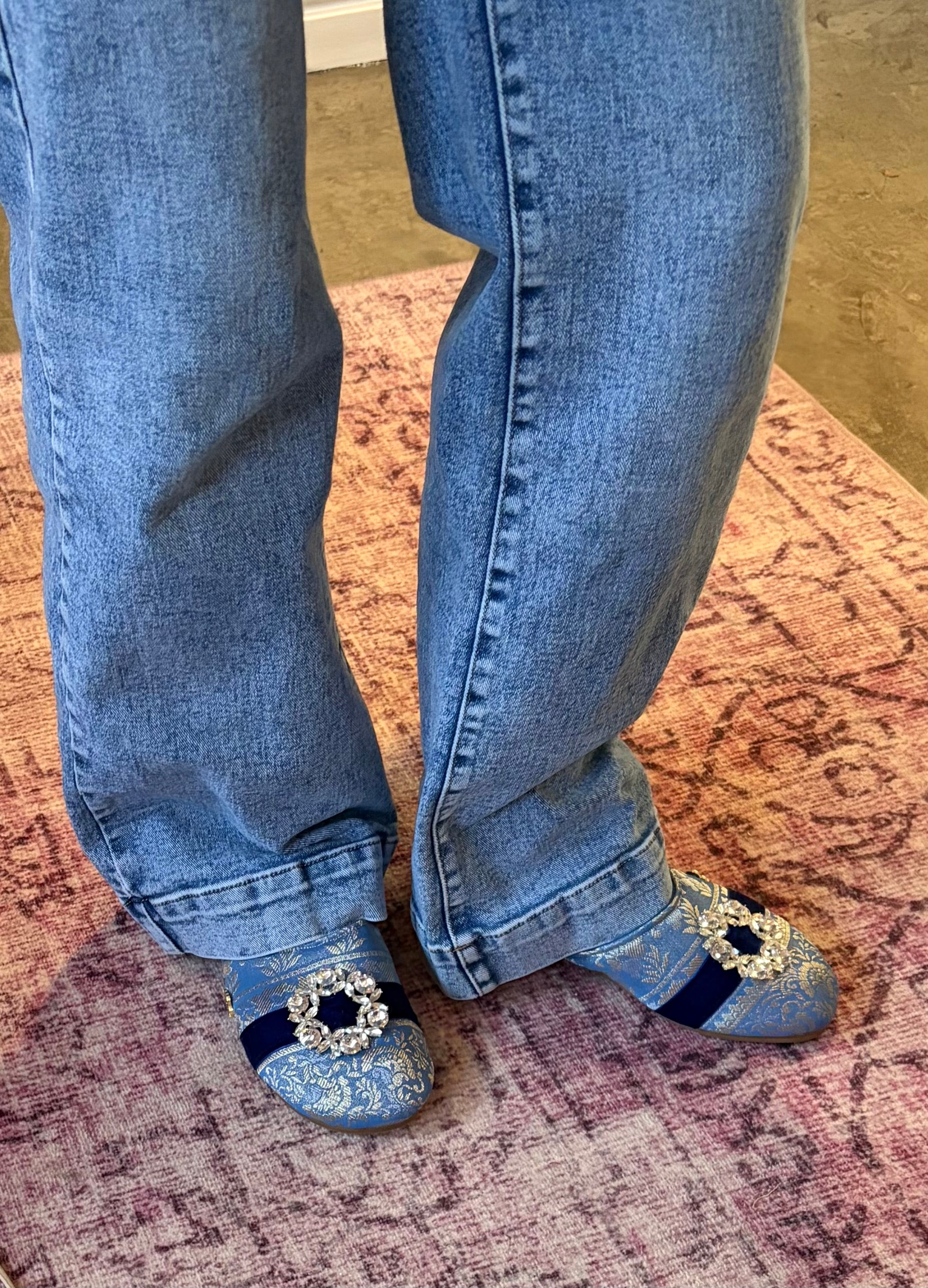 SKY BLUE AND SILVER BABOUCHE MULES WITH NAVY VELVET AND SPARKLES- SIZE 6