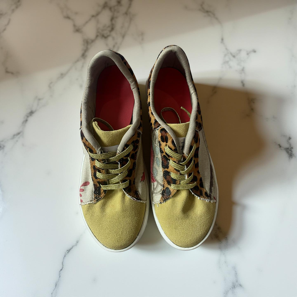 SNEAKERS - MUSTARD CANVAS AND LEOPARD PRINT LEATHER - SIZE 37
