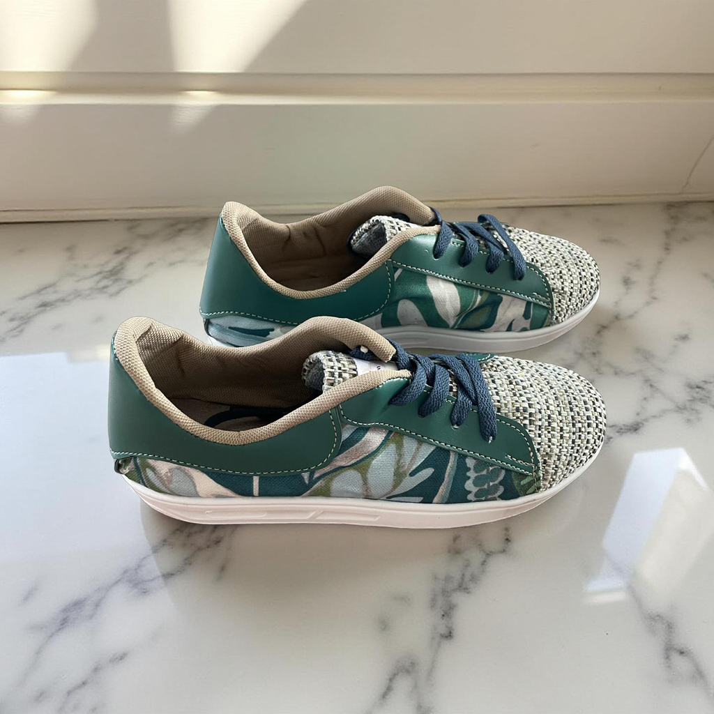 SNEAKERS -  GREEN AND NAVY FLORAL WITH TEAL LEATHER - SIZE 38
