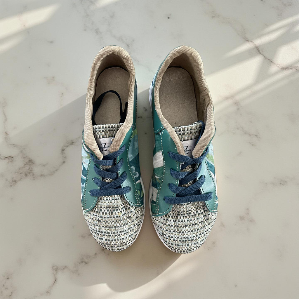 SNEAKERS -  GREEN AND NAVY FLORAL WITH TEAL LEATHER - SIZE 38