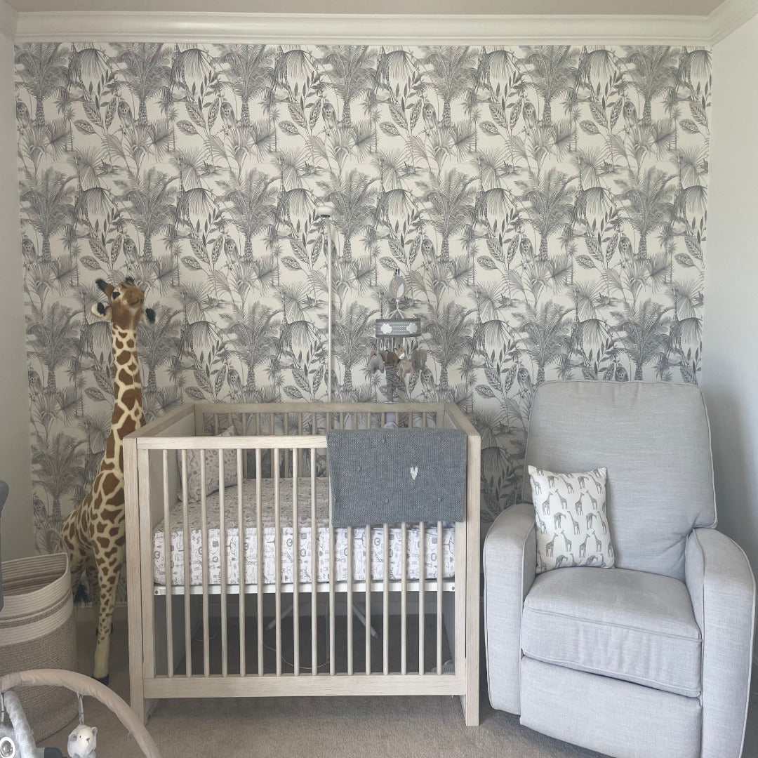 LEOPARD AND PALM TREE WALLPAPER IN MONOTONES FOR A SPECIAL BOY