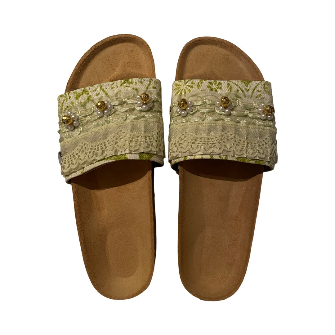 Hand crafted SLIDES - one of a kind. Size 41.  Designed using a beautiful grey patterned fabric and chartreuse velvet -&nbsp; embellished with faux pearls, gold beads and a gold tassel&nbsp; The prettiest sandal to pair with your summer outfit!&nbsp;&nbsp;  Leather lining.  Non slip rubber soles.  All shoes have their own bag with drawstring for packing.