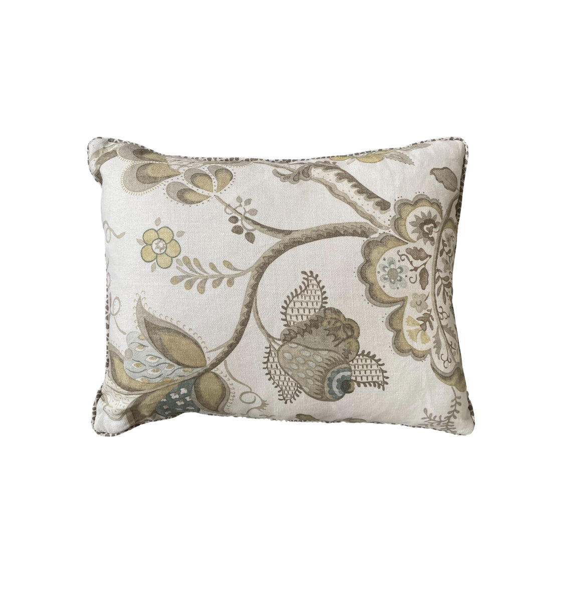 SCATTER CUSHIONS - SAND and OLIVE GREEN FLORAL COTTON WITH FRINGEING