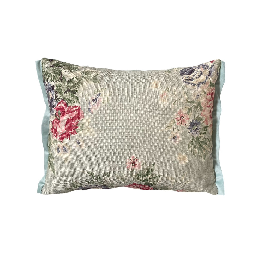 SCATTER CUSHIONS -SOFT  GREEN FLORAL COTTON WITH FRINGEING