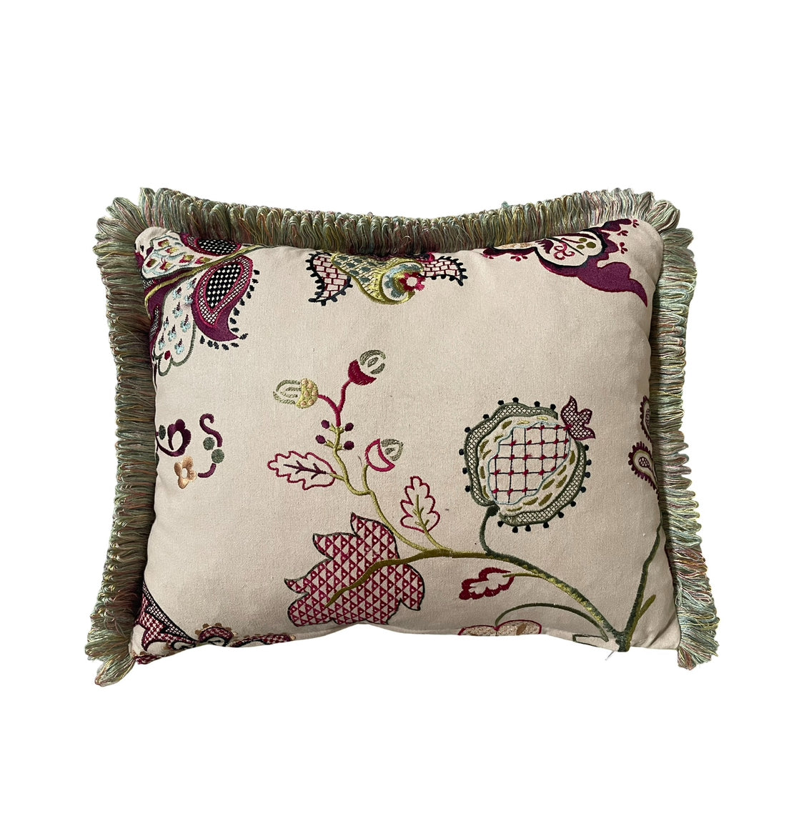 SCATTER CUSHIONS - GREEN AND PLUM EBROIDERED FLORAL COTTON WITH FRINGEING