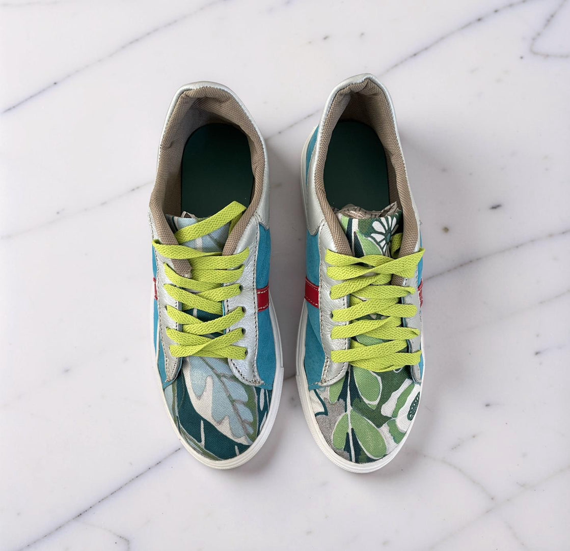 SNEAKERS -  TURQUOISE AND SILVER LEATHER WITH TEAL FLORAL FABRIC-  SIZE 39