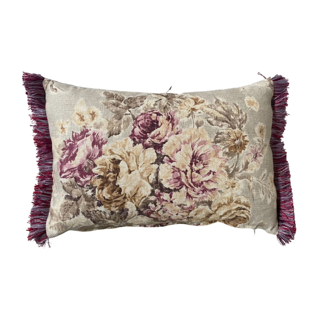 SCATTER CUSHIONS -SOFT  LILAC FLORAL COTTON WITH FRINGEING