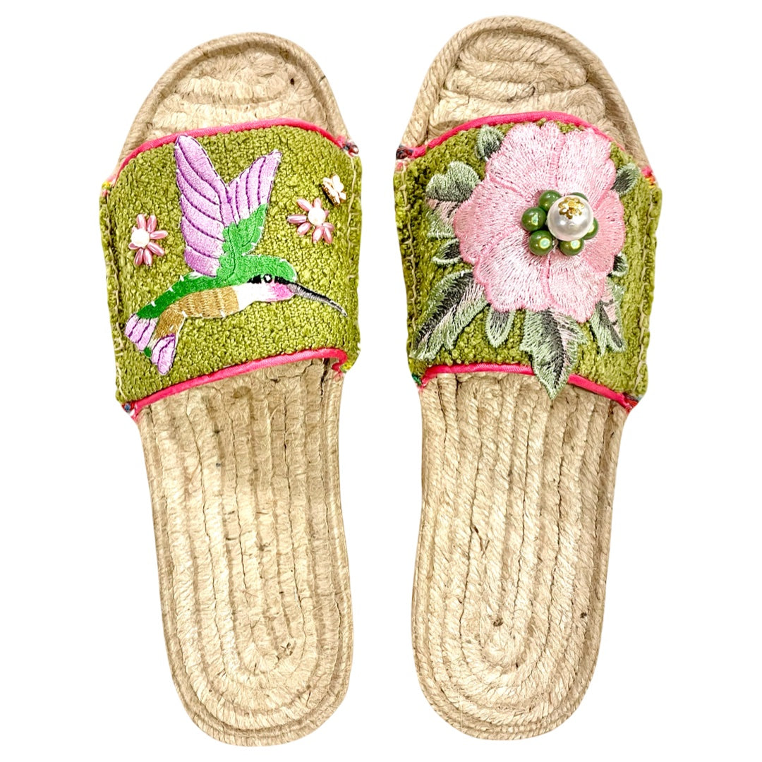 SANDALS - EMBROIDERED HUMMINGBIRD WITH FLOWER AND BEADS