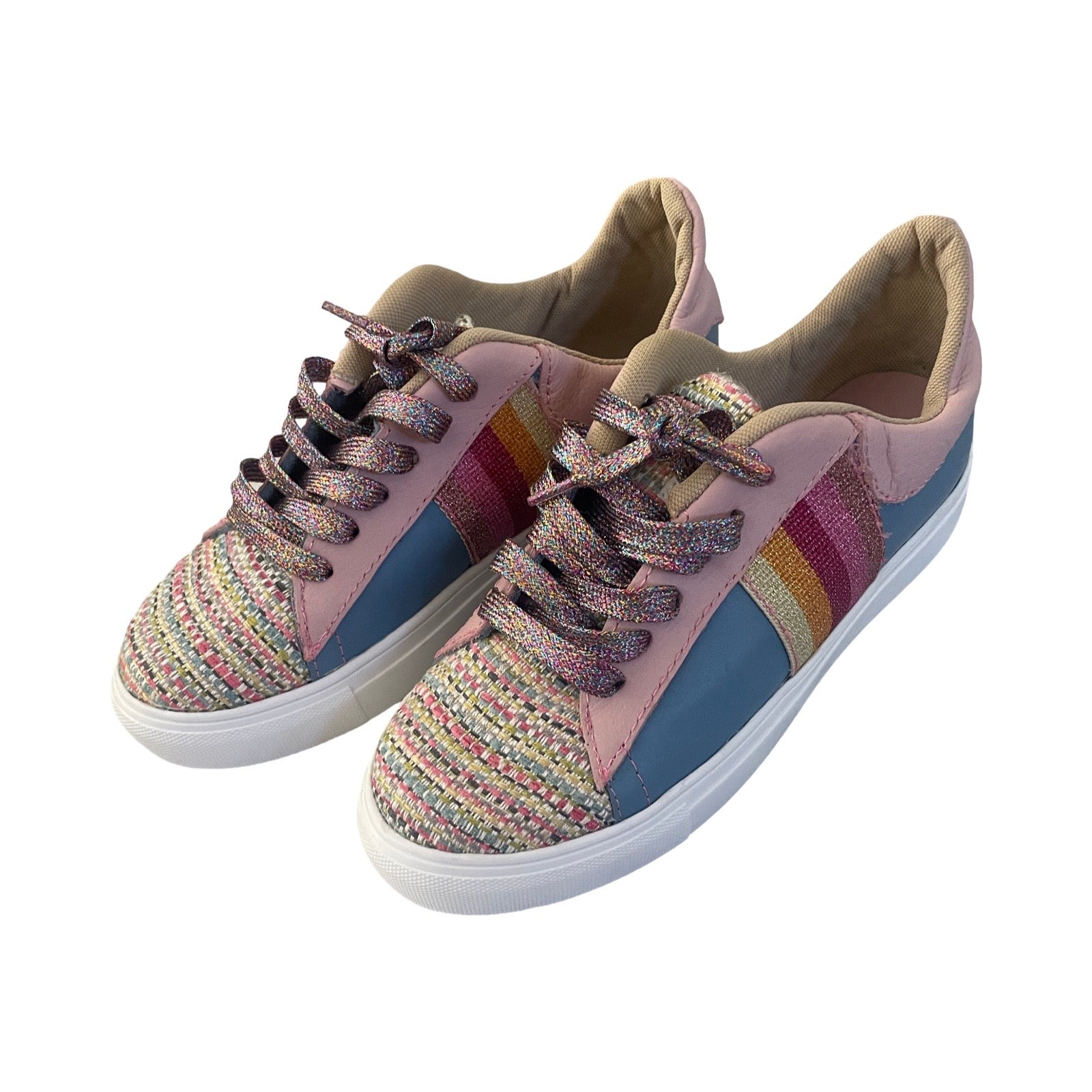 SNEAKERS -  BLUE AND PINK LEATHER WITH MOTTLED PINK FABRIC - SIZE 38
