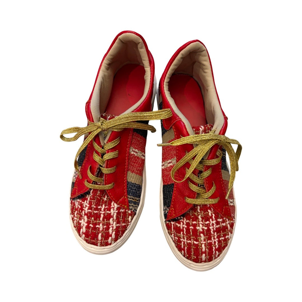 SNEAKERS -  A MIX OF GORGEOUS RED AND GOLD CHECKED FABRIC, STRIPES IN RED, BLUE AND WHEAT AND RED LEATHER - SIZE 39