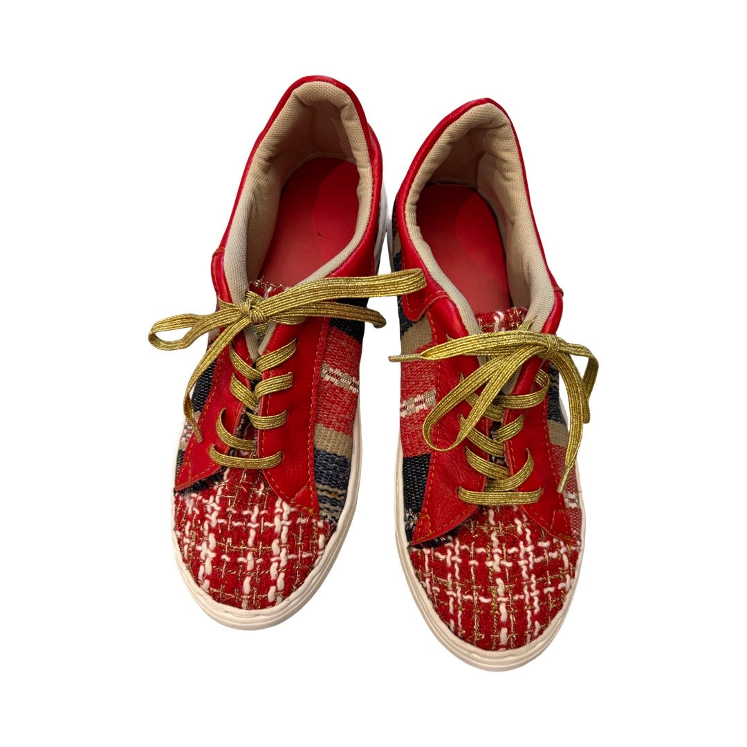 SNEAKERS -  A MIX OF GORGEOUS RED AND GOLD CHECKED FABRIC, STRIPES IN RED, BLUE AND WHEAT AND RED LEATHER - SIZE 39