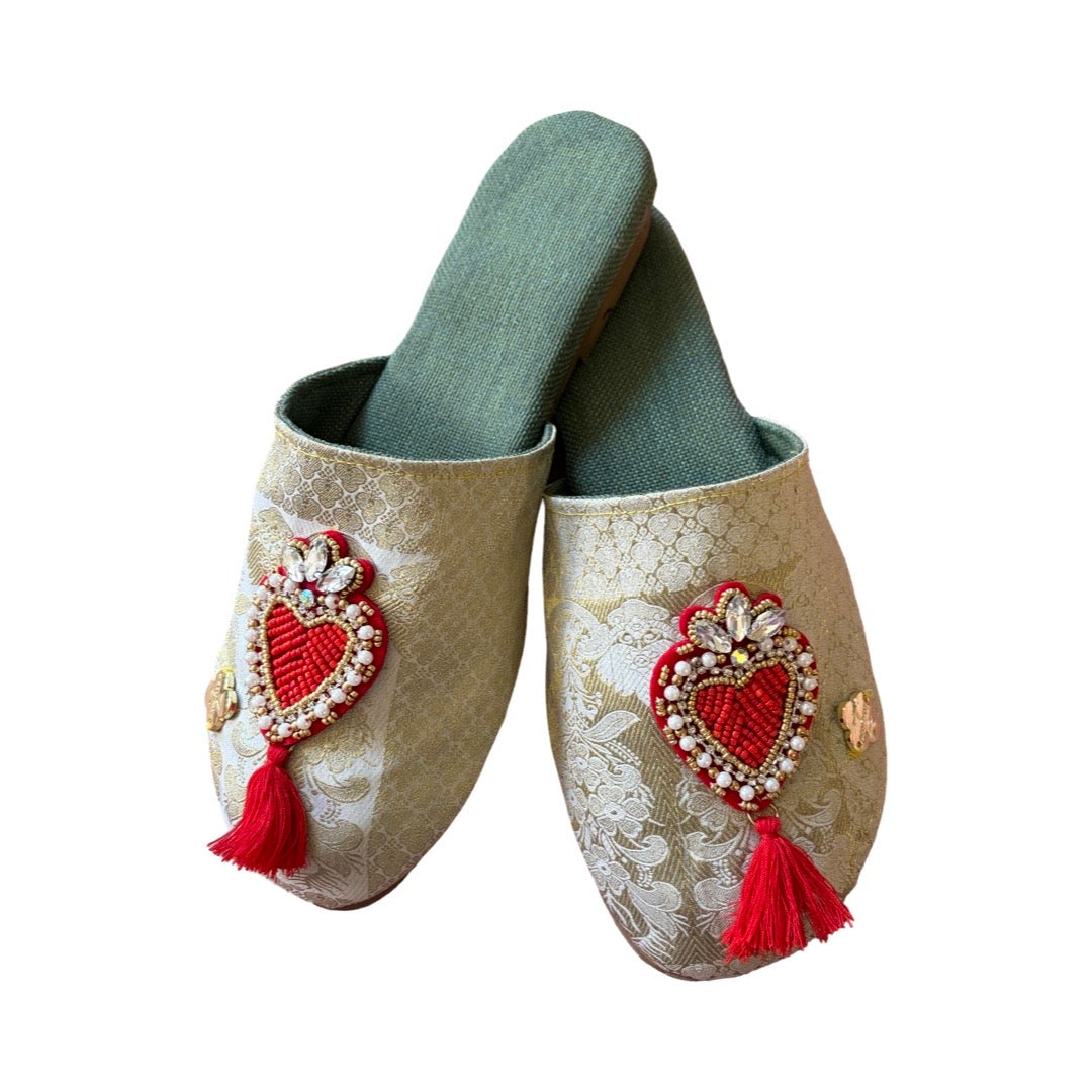 LEMON BABOUCHE MULES WITH GOLD TRIM AND ORANGE BEADS - SIZE 5