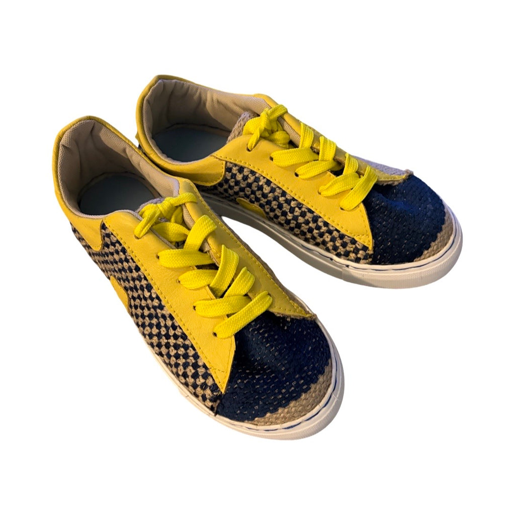 SNEAKERS -  NAVY AND WHEAT WITH CANARY YELLOW LEATHER AND TOFFEE LEATHER - SIZE 38