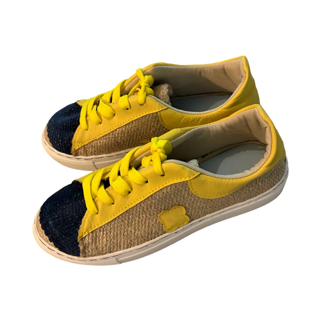 SNEAKERS -  NAVY AND WHEAT WITH CANARY YELLOW LEATHER AND TOFFEE LEATHER - SIZE 38