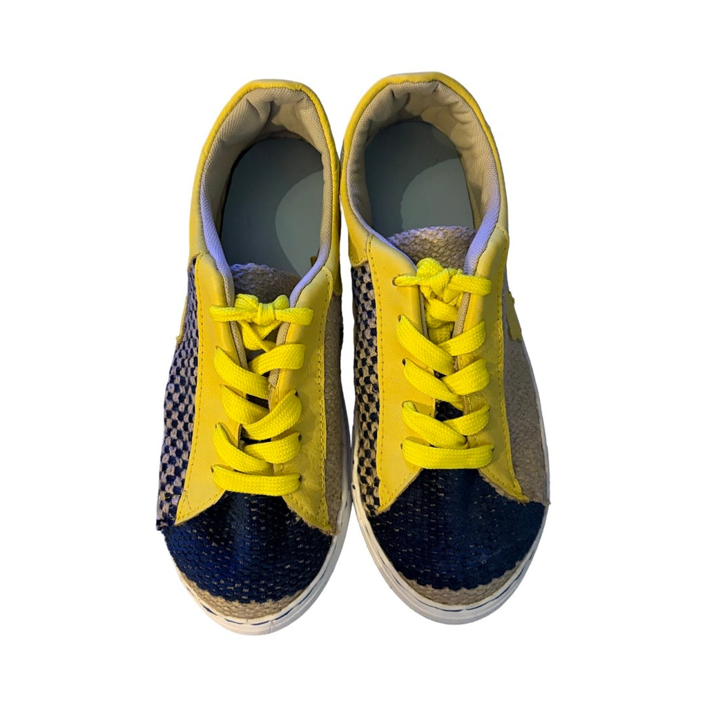 SNEAKERS -  NAVY AND WHEAT WITH CANARY YELLOW LEATHER AND TOFFEE LEATHER - SIZE 38