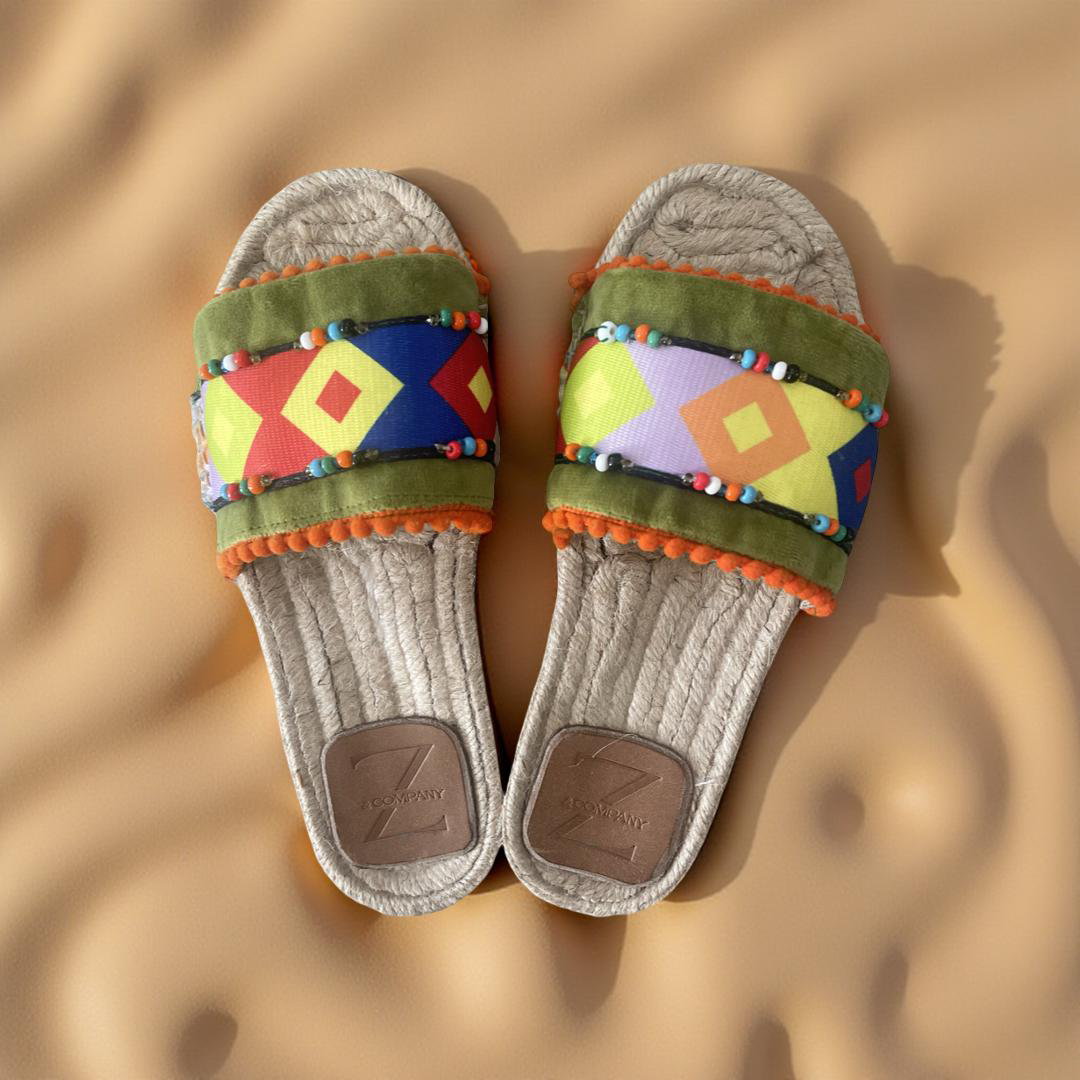 SANDALS -   BEADED GEOMETRIC  slides