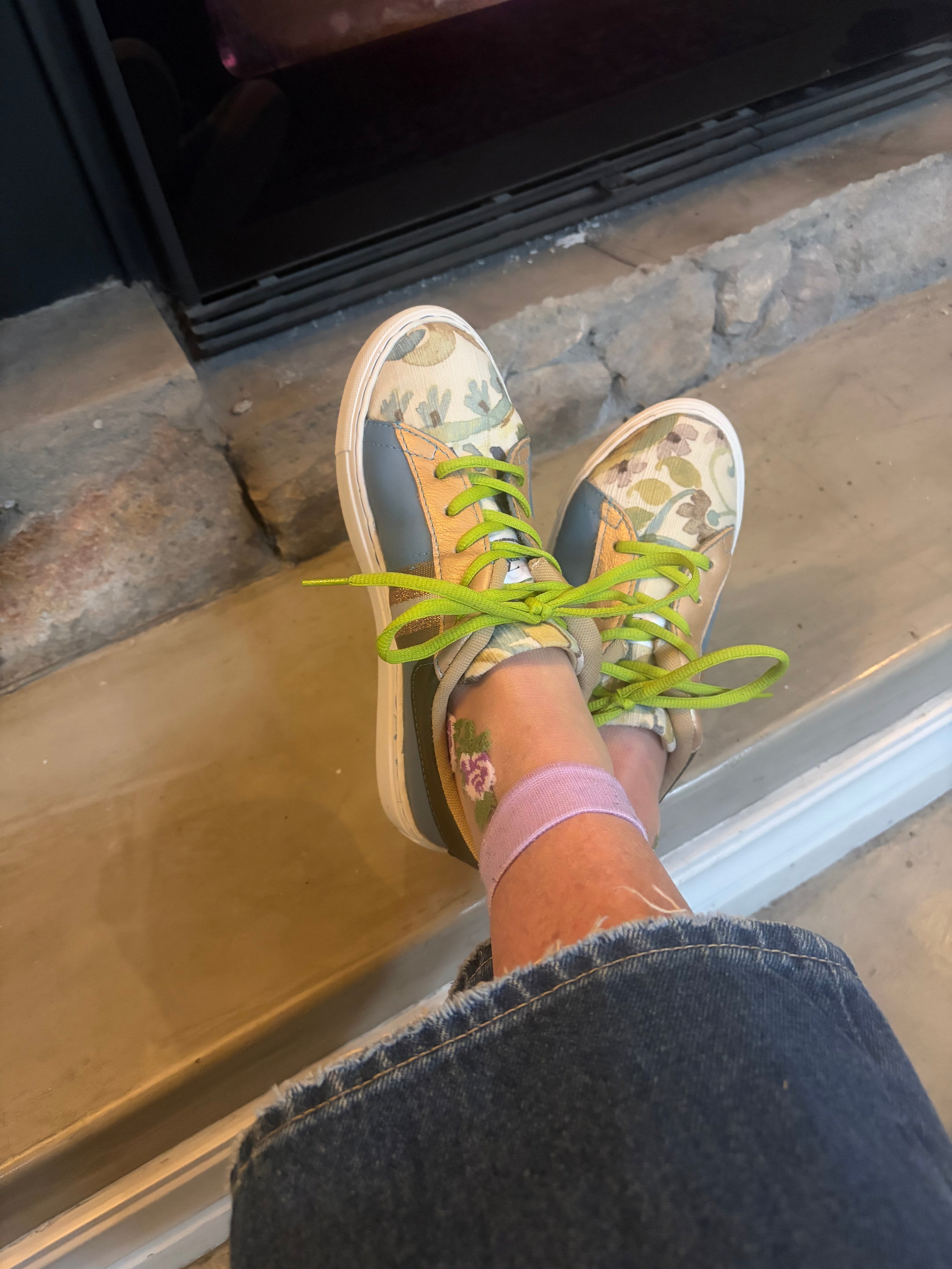 SNEAKERS -  BLUE LEATHER WITH FLORAL VELVET - SIZE 38