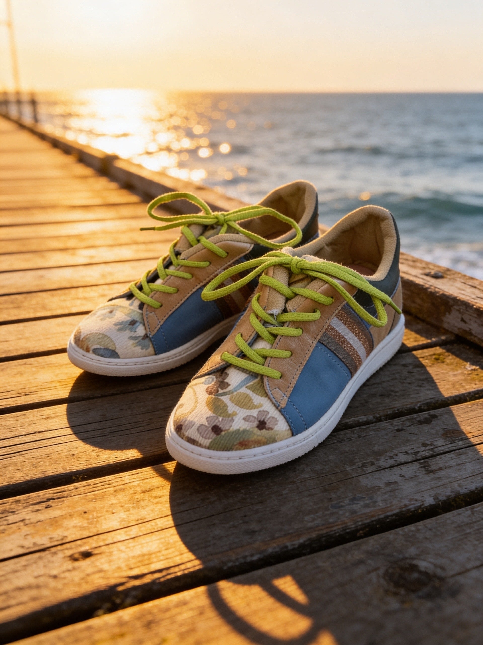 SNEAKERS -  BLUE LEATHER WITH FLORAL VELVET - SIZE 38