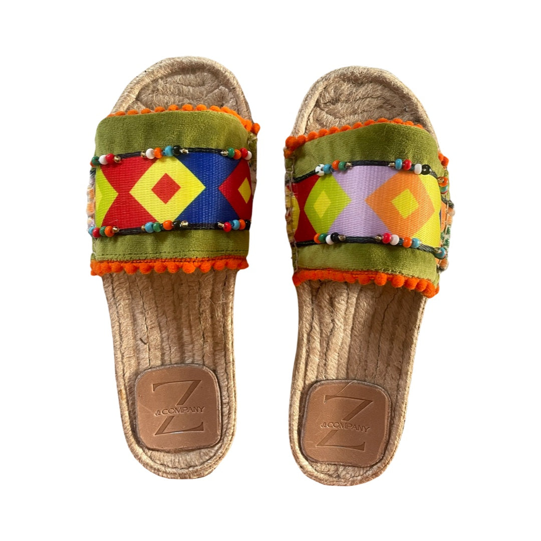 SANDALS - CHARTREUSE VELVET ESPADRILLES WITH COLOURFUL BEADS