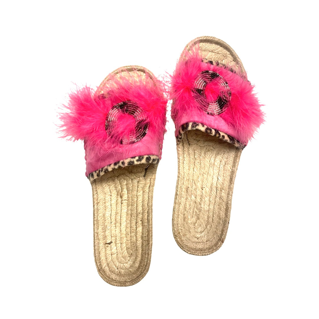 SANDALS - FUSCHIA VELVET WITH BEADS AND FEATHERS