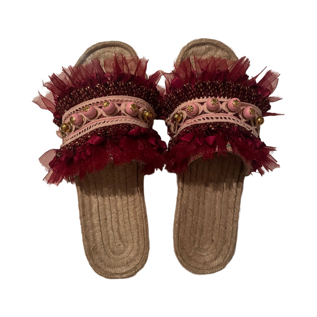 Hand crafted espadrilles - one of a kind. Size 39.  Having fun with red frills and pink/gold beads  Leather lined upper and hand beaded detail.  Rubber non slip soles.  All shoes have their own bag with drawstring for travelling.