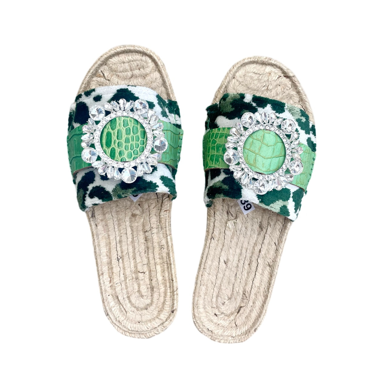 SANDALS - GREEN LEOPARD PRINT WITH CRYSTAL BUCKLE AND LEATHER STRAP DETAIL