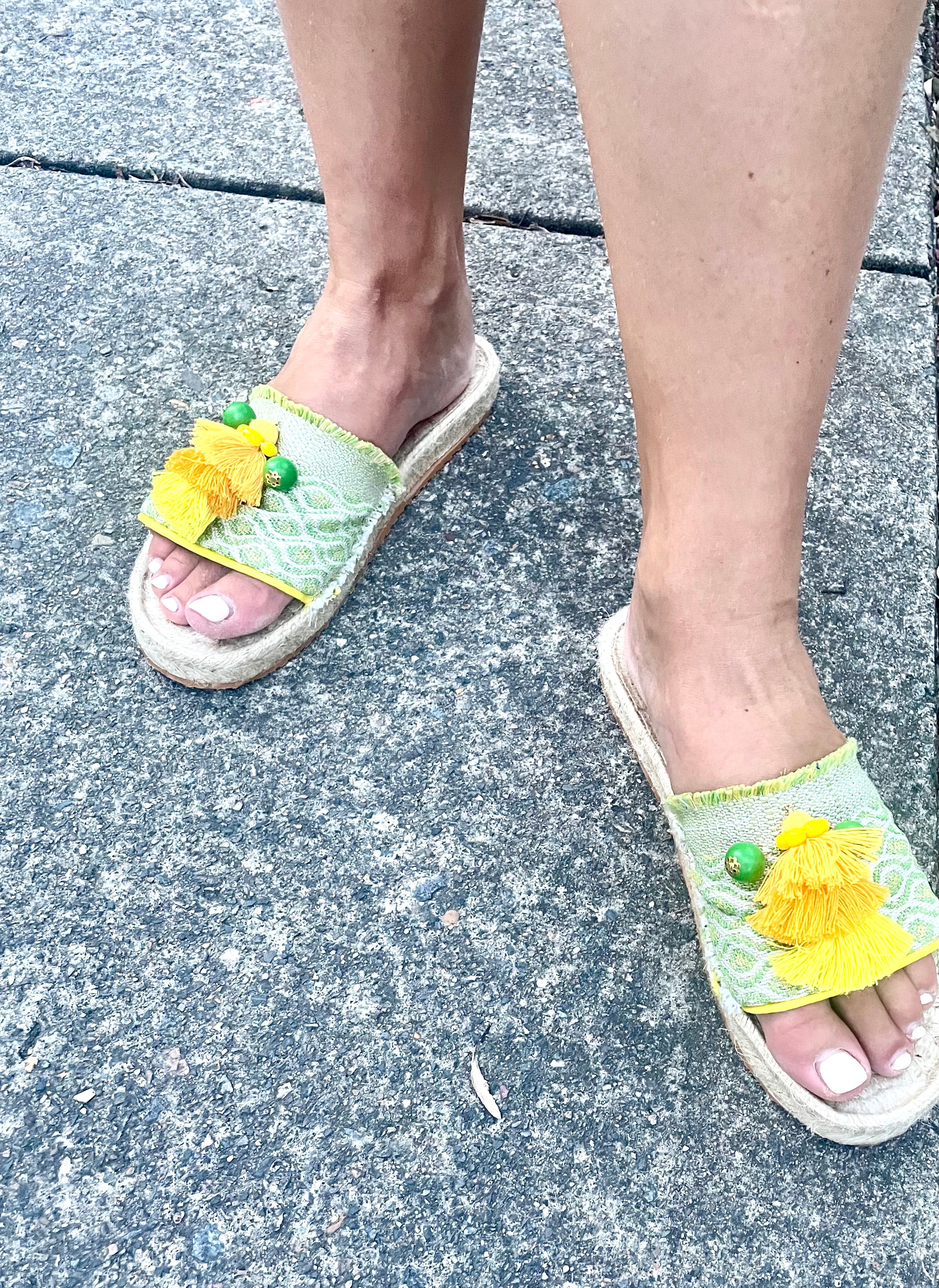 Hand crafted espadrilles - one of a kind. Size 39.  Designed using a beautiful lemon and chartreuse woven fabric with yellow ombre tassel and beads.  Fabric lined upper, rubber non slip sole.