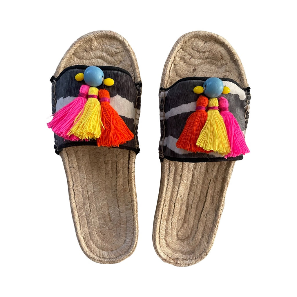 SANDALS - ZEBRA VELVET WITH TASSELS AND BEADS