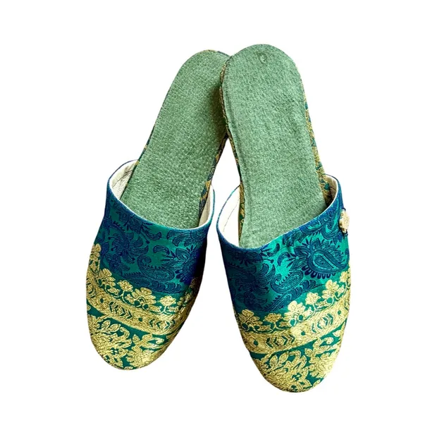 Gold and Emerald Green Babouche Mules - Size  6