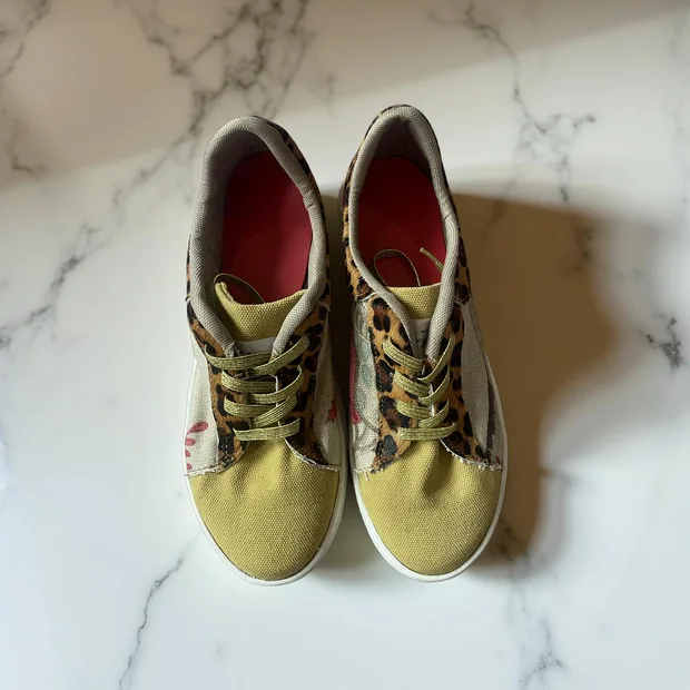 Sneakers - Mustard Canvas and Leopard Print Leather - Size 37