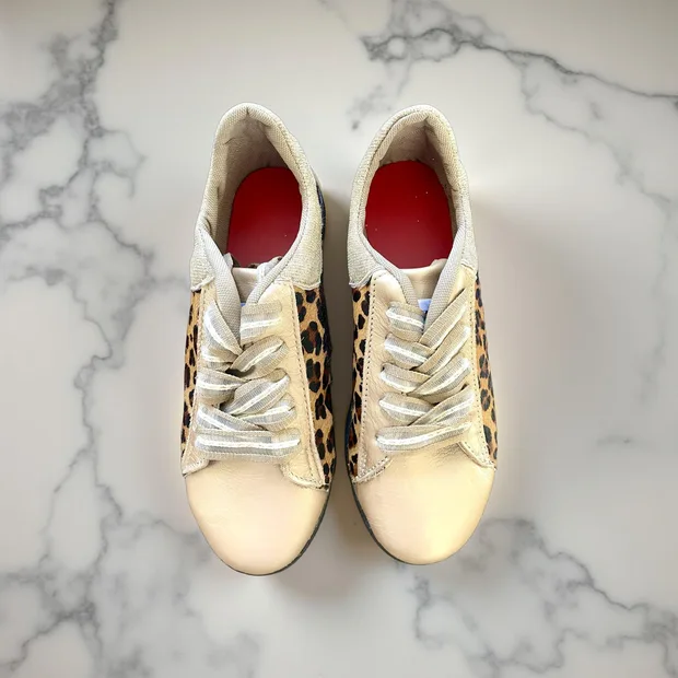 Sneakers -  Gold and Leopard Print Leather - Size 38