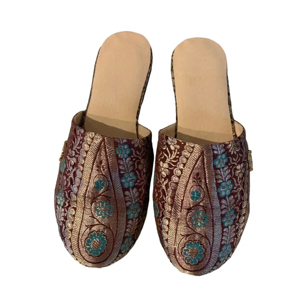 Turquoise and Brown Babouche Mules with Floral Detail- Size 5