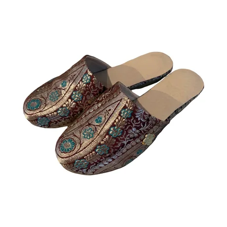 Babouche Mules in turquoise and brown Sari  with floral detail- Size 5 — view 2