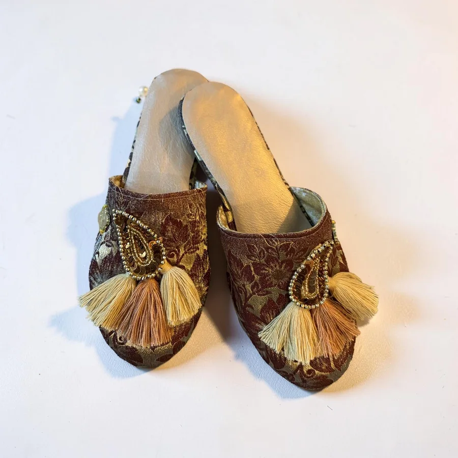 Babouche Mules in brown Sari with cotton tassels- Size 4