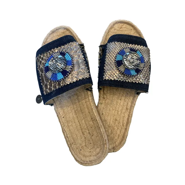 Sandals - Dark Denim with Faux Croc and Beadwork