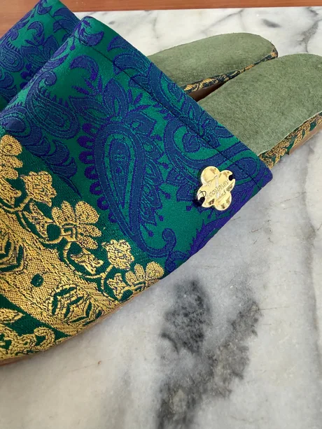 Babouche Mules in emerald green and navy Sari - Size 7 — view 2