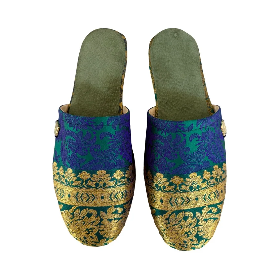 Babouche Mules in emerald green and navy Sari - Size 7