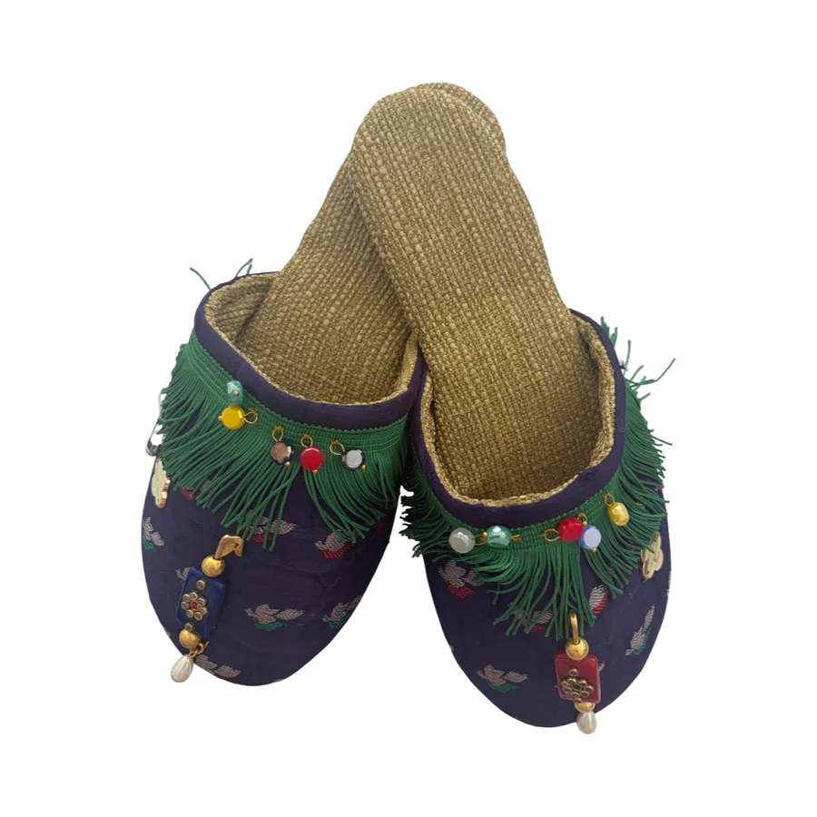 Babouche Mules in Navy Sari with green fringe - Size 5