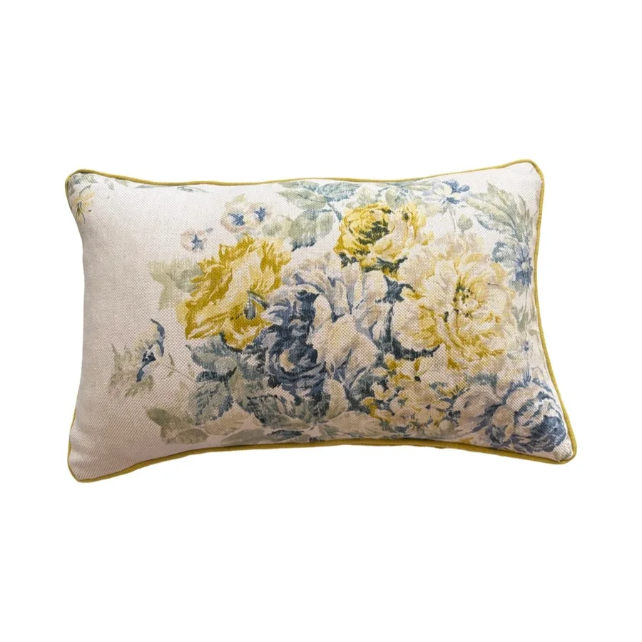 Scatter Cushions - Blue and yellow Floral Cotton with yellow velvet piping