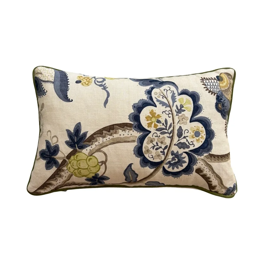 Scatter Cushions - Blue, chartreuse and brown Floral Cotton with chartreuse velvet piping