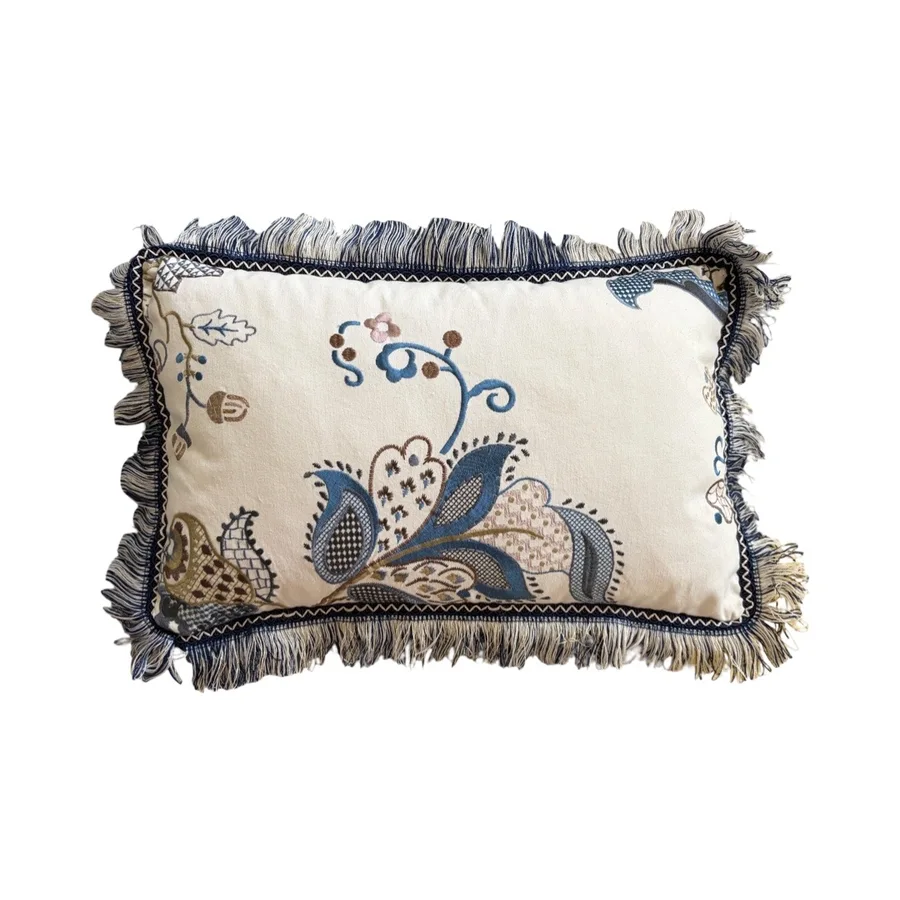 Scatter Cushions - Navy Blue and brown embroidered Floral Cotton with blue and white fringeing