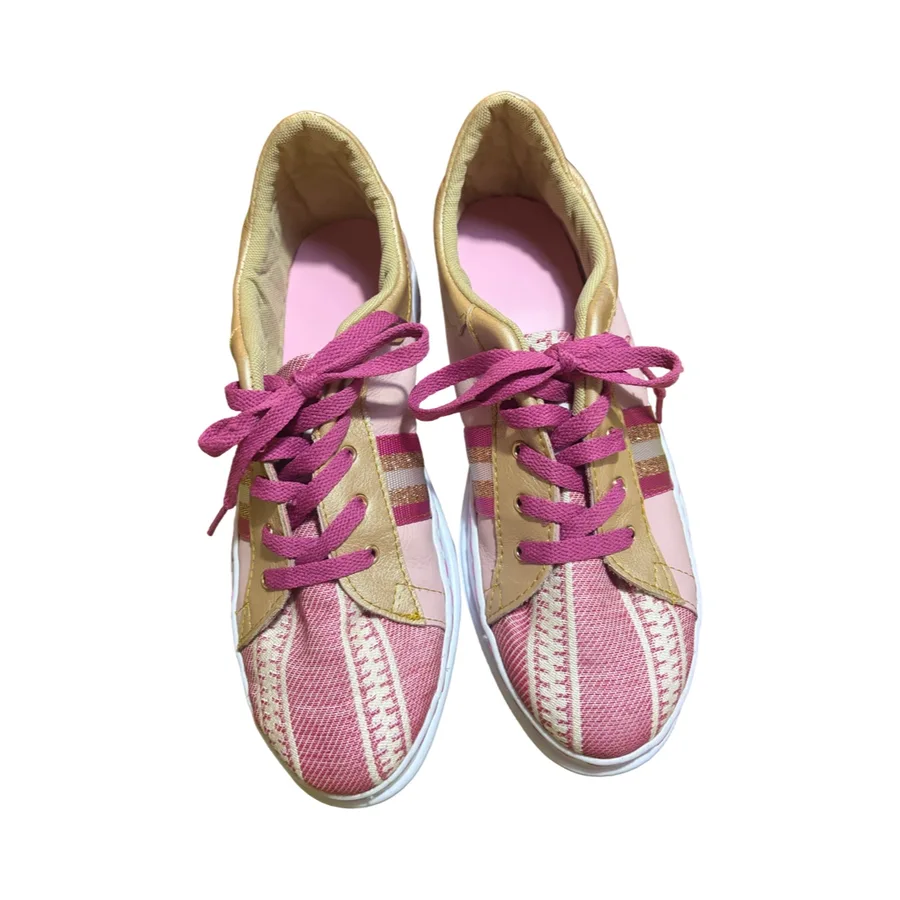 Sneakers - Ballet pink and gold leather with pink and white stripes - size 40.
