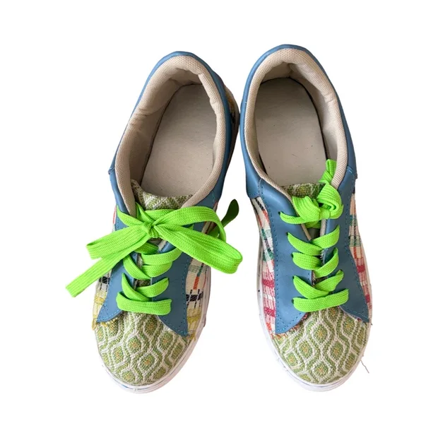 Sneakers - Blue Leather with checks and lime green toe - Size 39