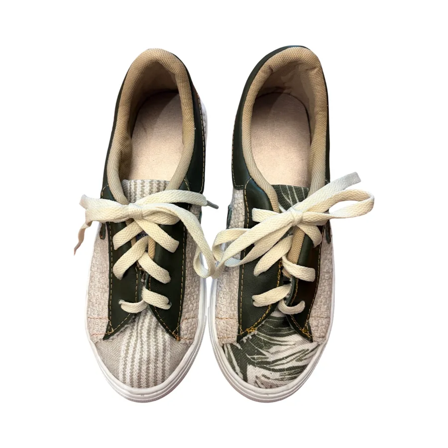 Sneakers - Forest green leather with cream fabric and details of green leaves and stripes Size 36