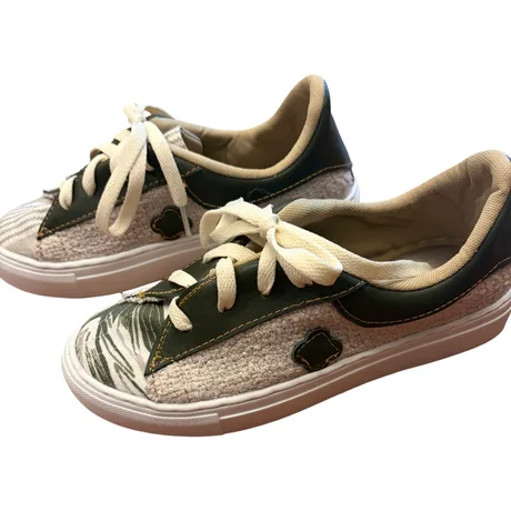 Sneakers - Forest green leather with cream fabric and details of green leaves and stripes Size 36 — view 2